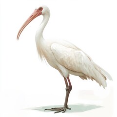 Obraz premium A pristine white bird stands elegantly with its long, curved beak, showcasing its slender form against a clean white background.