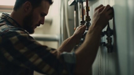A construction site plumber installing pipes in a wall. Featuring technical skill and precision