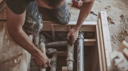 A construction site plumber installing pipes under the floor. Featuring technical expertise and care