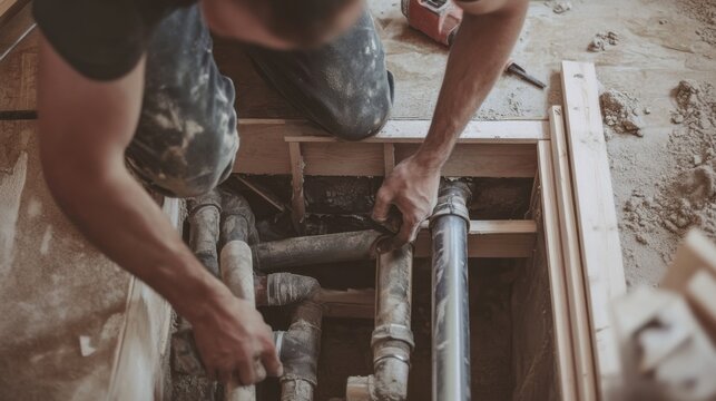 A construction site plumber installing pipes under the floor. Featuring technical expertise and care