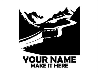 Vintage camper van driving along a winding mountain road amidst a scenic landscape with layered mountain silhouettes. Travel concept and camper van logo vector design