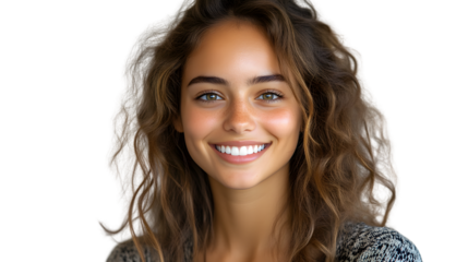 Smiling woman with long brown hair and white teeth