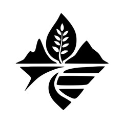 Black & White Nature Logo: Leaf, Mountains, and River. Minimalist Eco Design.