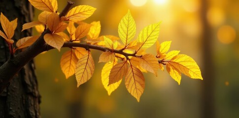 Obraz premium Shiny yellow gold foil texture on tree branch, natural, foliage