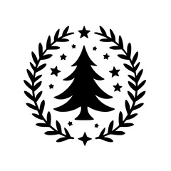 Black & White Christmas Tree Emblem, Winter Holiday Design