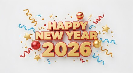 Golden text 'Happy New Year 2026' with festive decorations on white