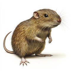 Detailed illustration of a brown mouse with intricate fur details, showcasing its delicate paws and whiskers against a stark white background.