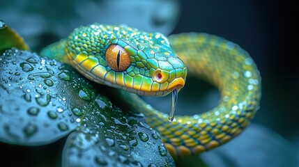 Fototapeta premium Vibrant Green Snake on Dew-Kissed Leaves