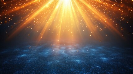 Abstract blurred background featuring bokeh lights and rays of sunlight. Warm golden orange hues on a dark blue backdrop, ideal for Christmas, New Year, or festive themes.