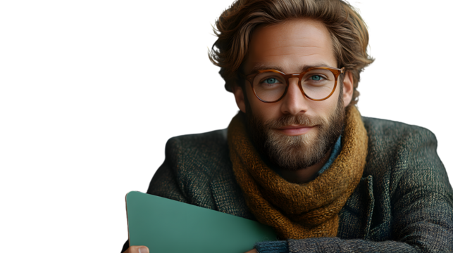Stylish Man with Beard and Glasses Holding a Tablet