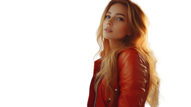 Stylish Woman in Red Leather Jacket with Long Blonde Hair Fashionable and Trendy Look for Mode