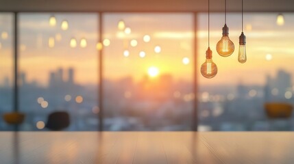 Fototapeta premium Blurred modern office interior with hanging light bulbs and panoramic cityscape view at sunset, ideal for creative work or innovative brainstorming.