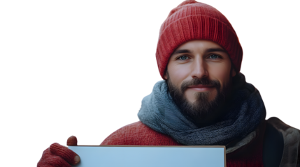 Winter Fashion Man in Red Beanie and Scarf Holding a Blank Sign for Custom Text