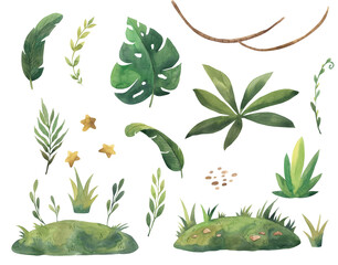 Watercolor tropical leaves and landscape elements illustration for kids © Olga Listopad