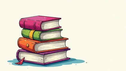 Playful hand-drawn stack of books with bright colors and patterns, illustration, playful