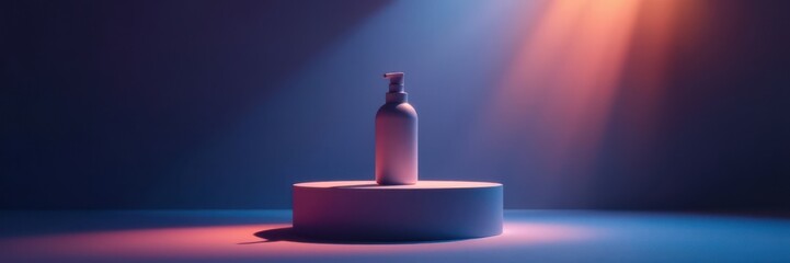 Product on pedestal under dimmable spotlight with halo glow and silhouetted negative space, pedestal, beautiful lights