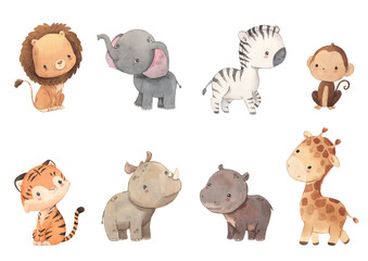 Obraz premium Watercolor lion, elephant, zebra, monkey, tiger, rhino, hippo, giraffe illustration for kids