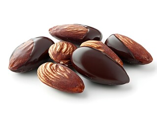 A delectable arrangement of chocolate-covered almonds rests on a pristine white background, showcasing their rich, glossy texture and tempting appeal.