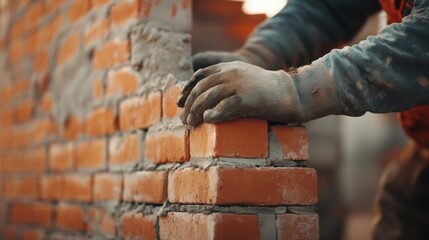 A construction site worker adjusting a brick layer during wall construction. Featuring teamwork and masonry skills