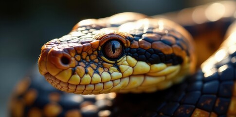 Obraz premium Snake's facial scales glisten in the sunlight, reptile, wildlife