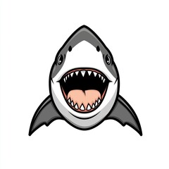 Cartoon illustration of a shark's head with open mouth and sharp pink teeth