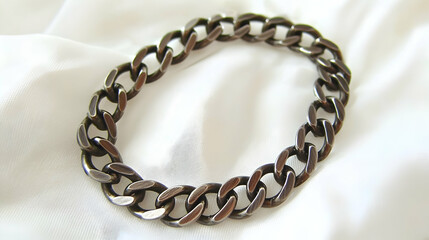 Obraz premium Dark metal curb chain bracelet on white fabric background; jewelry product shot for online store