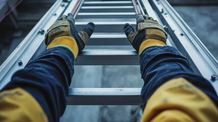 A construction site worker adjusting a ladder for safe climbing. Featuring ladder setup and safety precautions