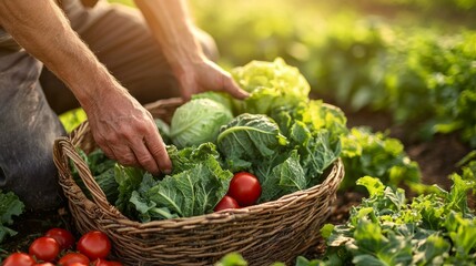 Fototapeta premium A man is picking vegetables from a garden