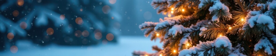 Snow-covered Christmas tree with sparkling icicles and garlands, cold weather, evergreen branches