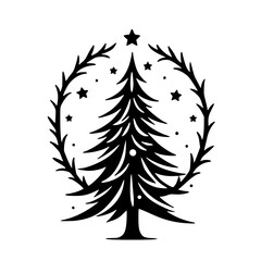 Christmas Tree Silhouette with Wreath and Stars