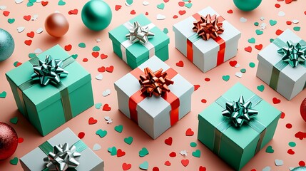 Obraz premium Festive Gift Boxes with Colorful Ribbons and Decorative Ornaments on a Heart Confetti Background
