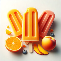 Bitten orange fruit popsicle isolated on white background. Orange, mango and peach flavor