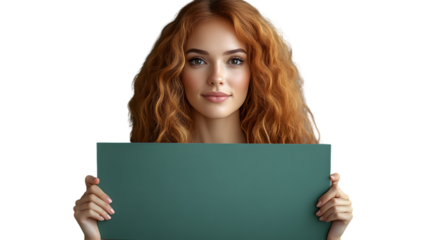 Woman with curly hair holding a blank teal sign mockup for advertisement or message
