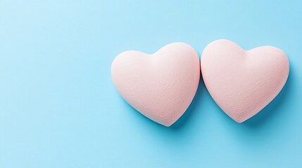 Fototapeta premium Two Soft Pink Hearts on a Light Blue Background for Romantic and Love Themes