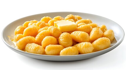 A plate of delicious homemade gnocchi with melted butter is presented on a white background for a food blog or cookbook.