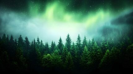 Pixelated Forest Scene With Aurora Borealis