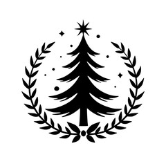 Festive Black and White Christmas Tree Icon with Wreath