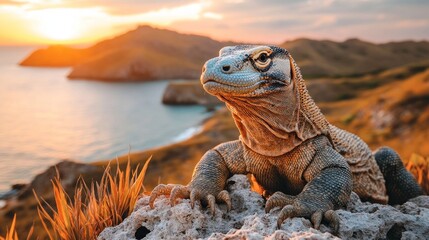 Komodo Dragon at Sunset: Majestic Lizard on Coastal Cliff