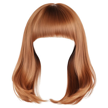 Stylish wavy hair in light brown with blunt bangs for a trendy look.