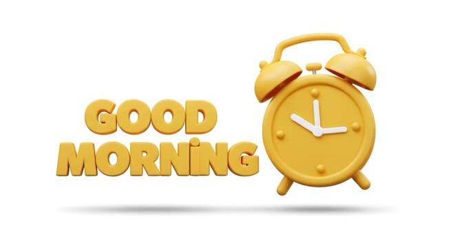 Cheerful morning reminder with playful 3D alarm clock and bright text