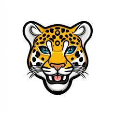 Cartoon illustration of a jaguar's face with blue eyes and black spots on yellow fur
