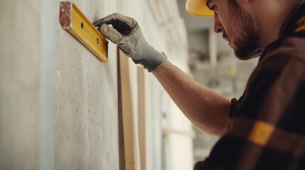 A construction site worker adjusting the level of a wall. Featuring precision and accuracy