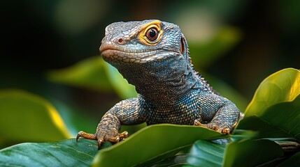 Fototapeta premium Stunning Blue Lizard on Lush Green Leaves