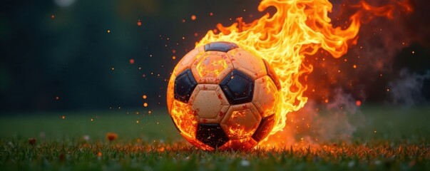Naklejka premium Soccer ball engulfed in flames, burning intensely in the air , flames, heat