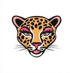 Cartoon illustration of a leopard's face with expressive yellow eyes and pink ears