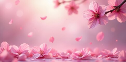 Fototapeta premium Soft focus image of pink sakura petals drifting down in a soft pastel environment, calming atmosphere, pastel colors, subtle movement