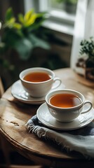 Scandinavian Tea Setting with Two Ceramic Cups and Cozy Interior