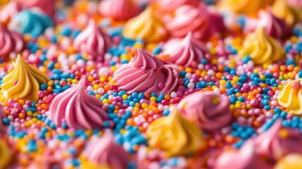 Colorful and textured dessert featuring various types of decorations