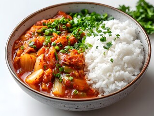 A delicious and spicy kimchi stew served with a side of fluffy white rice in a rustic bowl is perfect for a comforting meal.