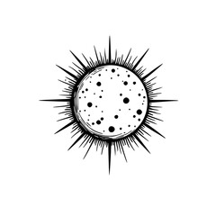 Hand-Drawn Celestial Illustration: Sun with Detailed Rays, Black and White